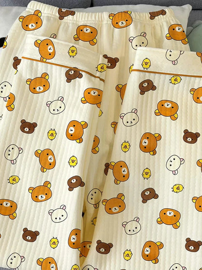 Thickened Air Cotton Sleepwear Set for Women Lazy Bear Cartoon Design Long Sleeve Long Pants Home Clothes Autumn Winter