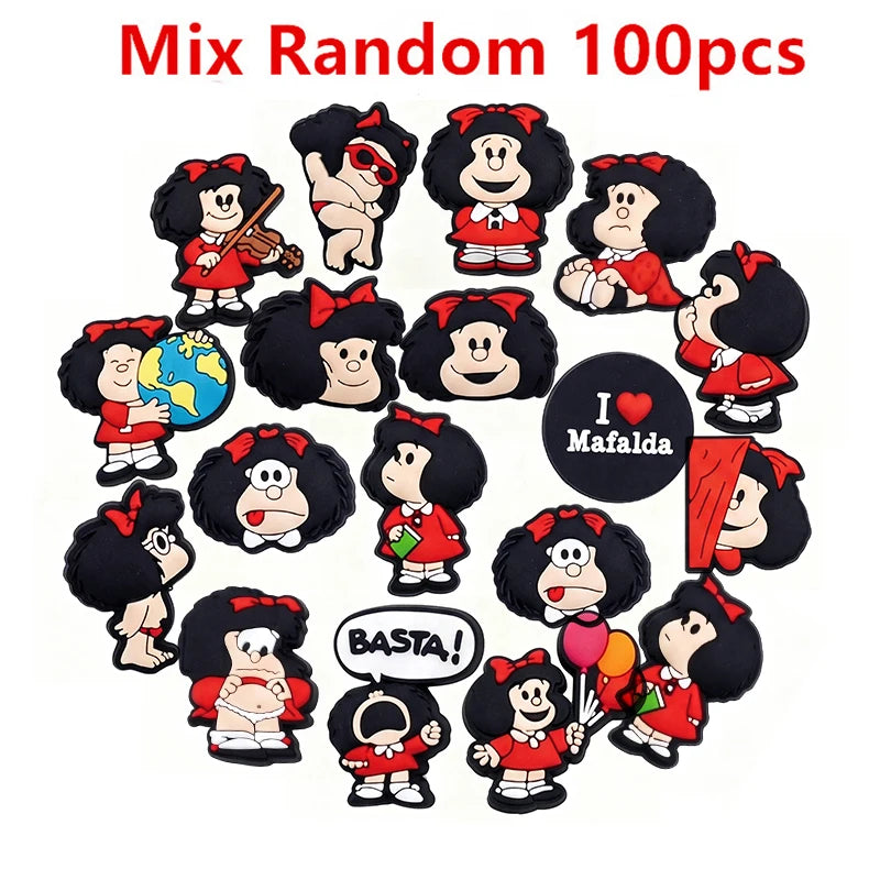 16-100pcs Anime Mafalda Shoe Charms Set Cartoon Shoes Accessories Decoration Buckle for Bubble Slides Clog Sandals Kids Gifts