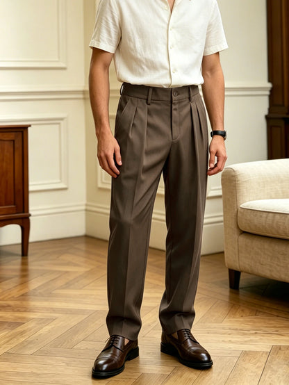 New Italian Naples Style Pleated High Waist Dress Pants, Solid Color Button Business Casual Trousers for Men