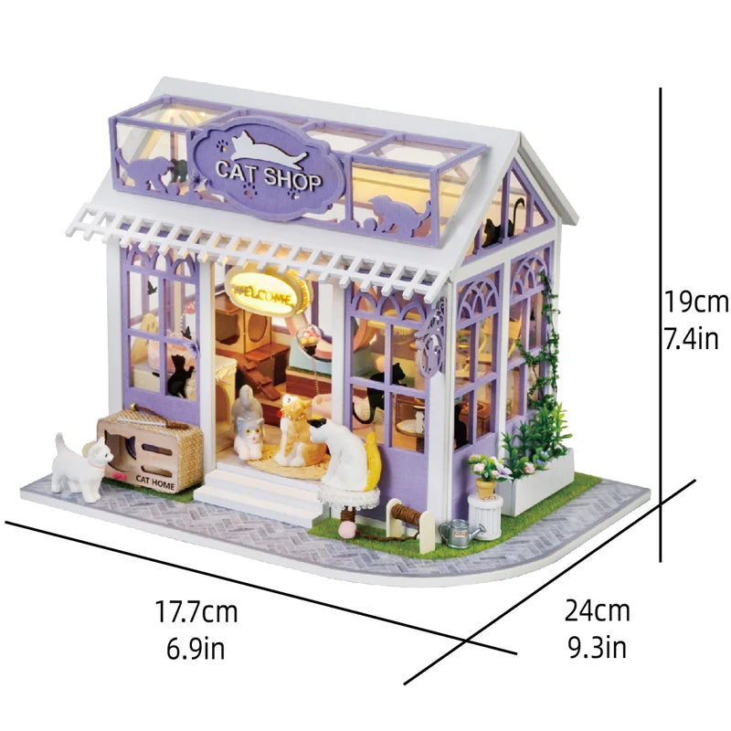 Wooden Miniature Doll House 3D Puzzle Assembly Building Model Kit Cat Shop Small Room Toys Home With Furniture Birthday Gifts