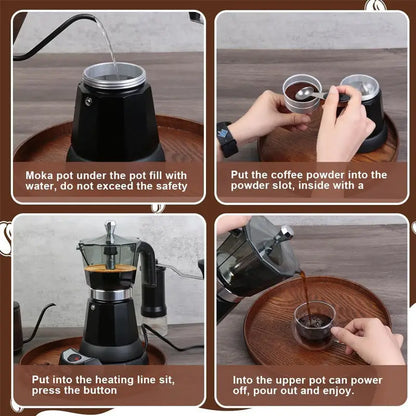480W Electric Coffee Maker 300ml/6 Cups Home Aluminum Mocha Pot Portable Electric Italian Coffee Maker Percolator for Home Black