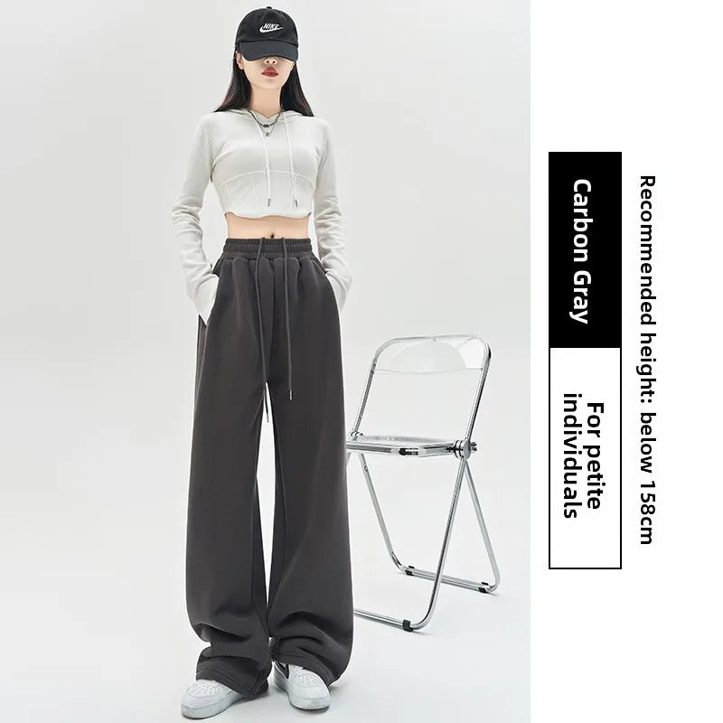 Gray Lamb Velvet Sport Pants Women's High Waist Drapey Fleece Wide Leg Casual Small Size Thickened Cotton Pants