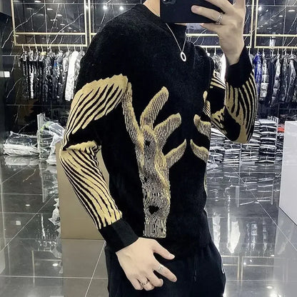 Men's Clothing Crewneck Hippie Graphic Black Pullovers Knit Sweater Male Round Collar Warm Korean Style Elegant Maletry Fun Old