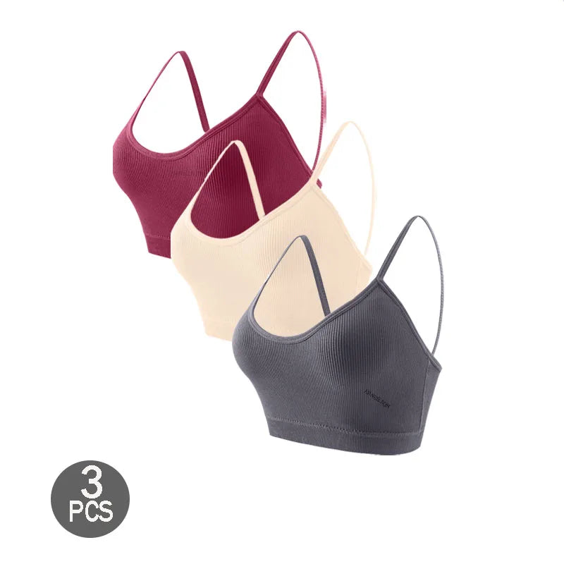 3PCS Women's Ribbed Cotton Bra With Chest Cushion Beautiful Back Sling Tank Top for Yoga Girl's Shock-absorbing Sports Underwear