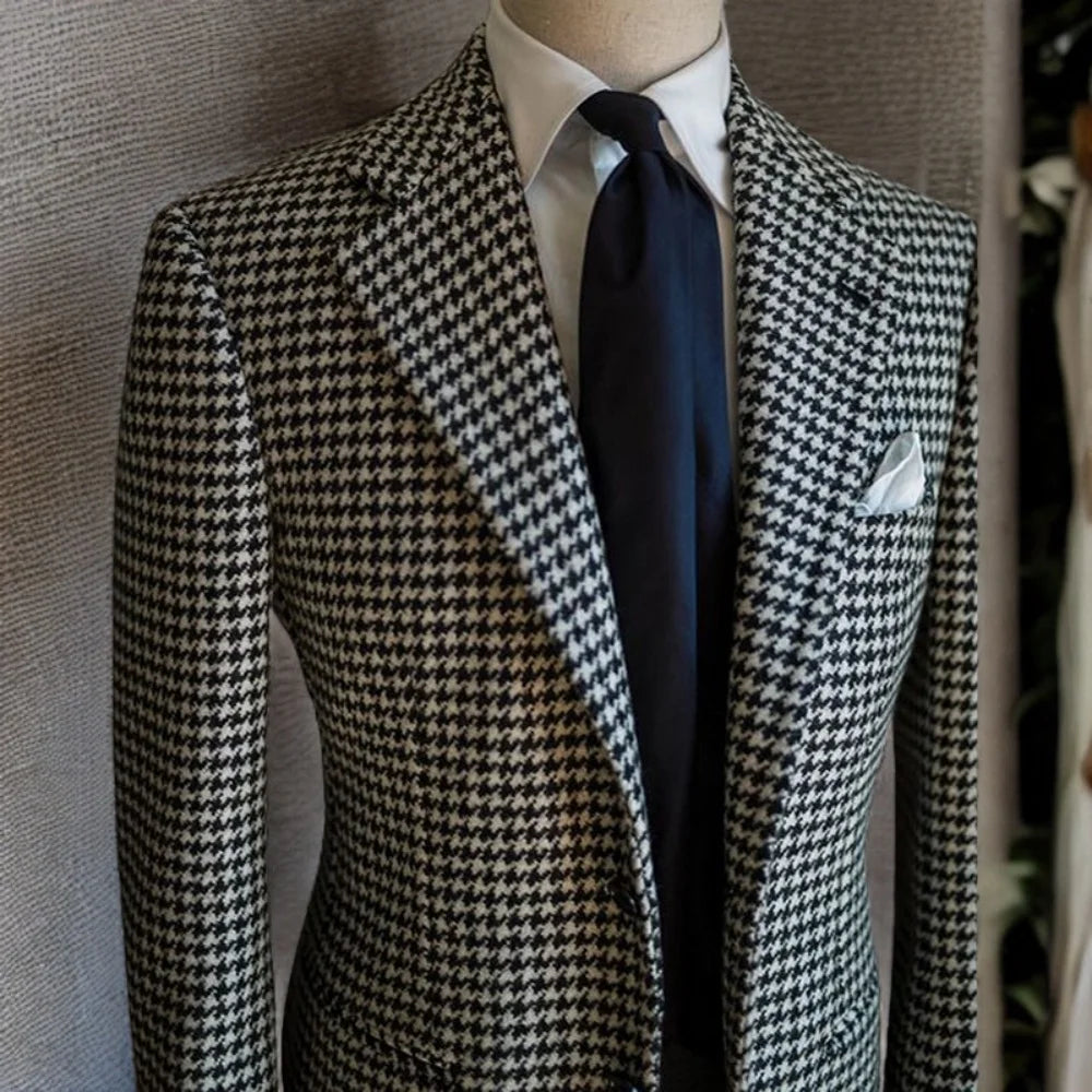 Men's Houndstooth Business Blazer Xadrez Embossed Lapel Terno Jacket Formal Men's Fashion Coat
