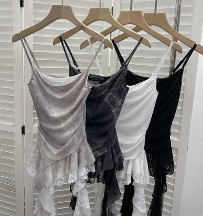 ISAROSE Summer Y2K Camisole for Women Casual Spaghetti Straps Double Layers Lace Stretch Mesh Patchwork Asymmetrical Slim Tops