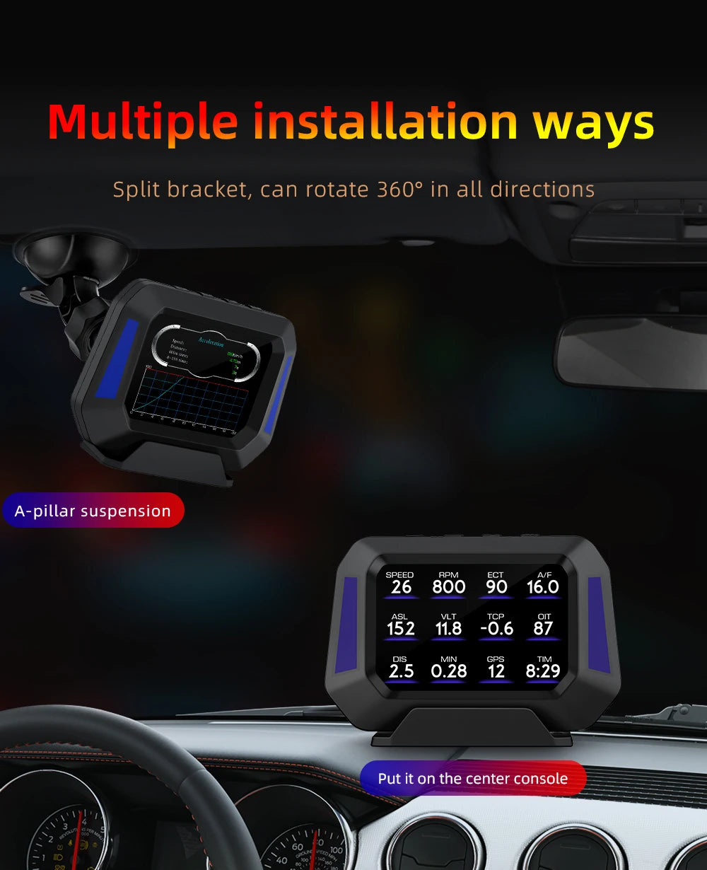 Head up Display OBD + GPS Car Water Temperature Turbo Oil Temperature Multi-function Meter LCD Display Automotive Speed Alarm