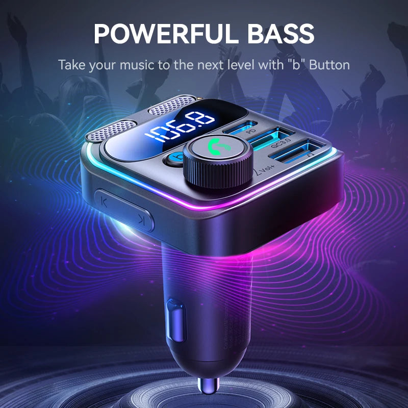 JOYROOM Bluetooth 5.3 FM Transmitter Car Adapter 48W PD & QC 3.0 USB C Car Charger Cigarette Lighter Adapter Hands-Free Calling