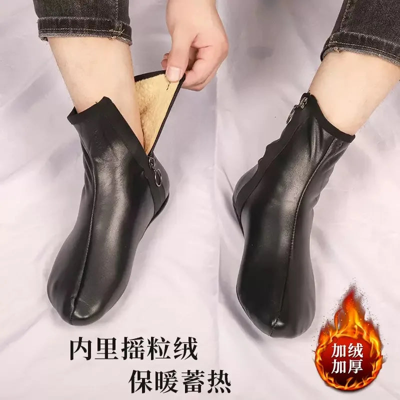 Unisex Zipper Black Winter Stockings Adult Men and Women Middle High Tube Fleece-lined Thick Keep Warm Leather Floor Room Socks