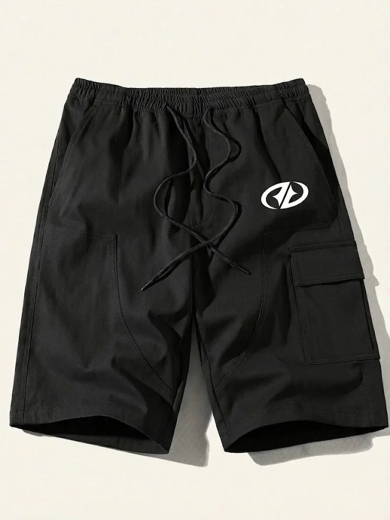 Men Black Logo Print Cargo Shorts, Drawstring Elastic Waist Loose Knee Length Pockets Summer Street Daily Sport Casual