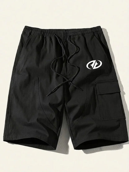 Men Black Logo Print Cargo Shorts, Drawstring Elastic Waist Loose Knee Length Pockets Summer Street Daily Sport Casual