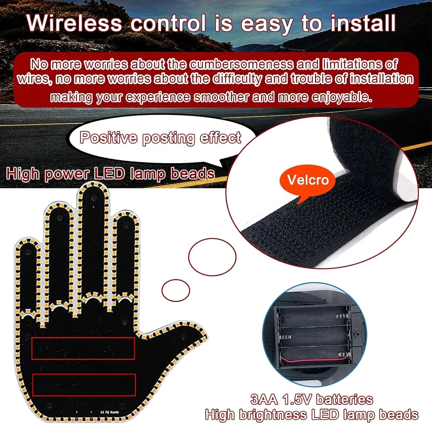 Finger Gesture Light, Funny Led Hand Sign with Remote,with Multiple Light and Pattern Modes, Easy to Use, Ideal for Car, Truck Gifts (One Color Round 8 Modes（1Pcs）)