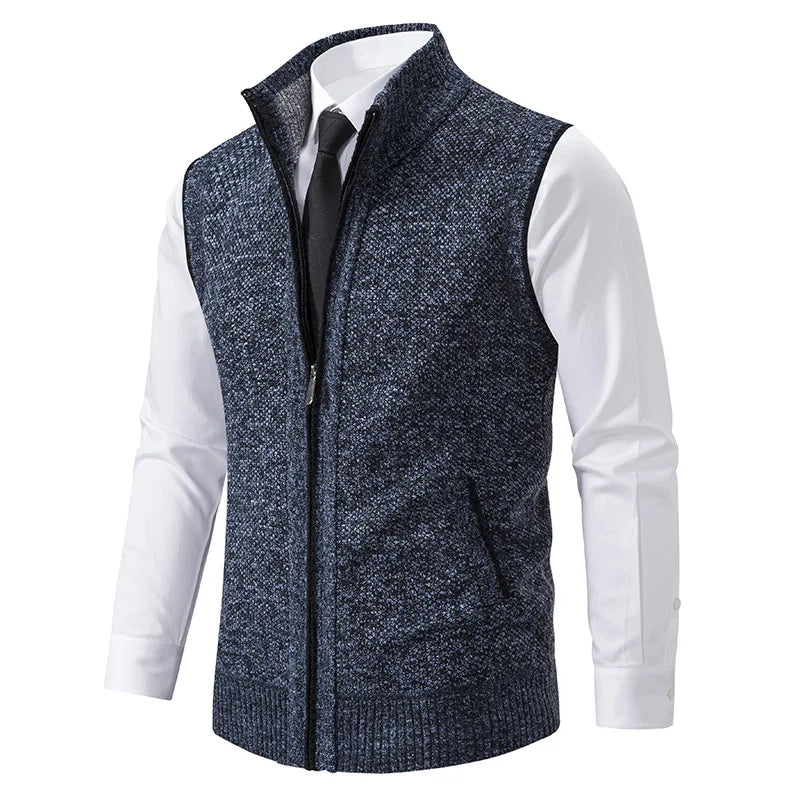 Men's Winter Autumn Sweater Vest Knitted Sleeveless Cardigan Stand Collar Zipper Sweatercoat Warm Simple Style Male Knitwear