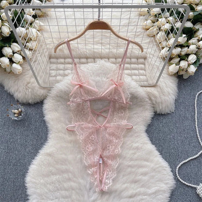 Sexy Lace Strap Jumpsuit Slim Fit Transparent Women's Pajamas Halter Playsuit Erotic Lingerie Catsuit Backless Hollowed Bodysuit