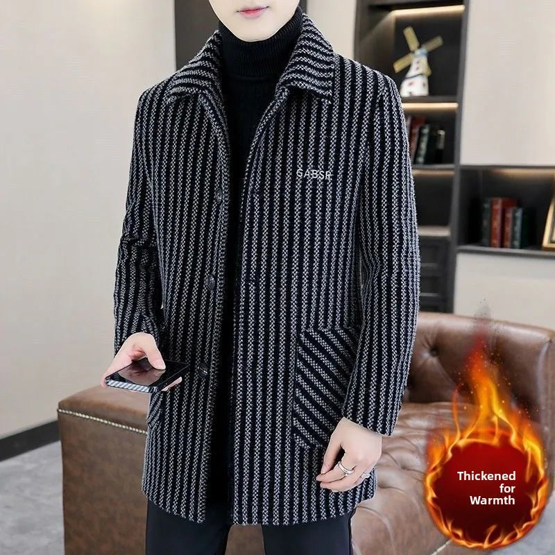 Winter Thickened Woolen Men's Coat Fashionable Striped Mid-Length Lapel Collar Windbreaker Versatile Stylish Business Casual