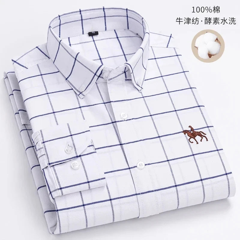 New 100% Cotton Oxford Shirt For Men's Long Sleeve Solid Casual Business Regular-Fit Formal Dress Shirts Social Blouse S-6XL