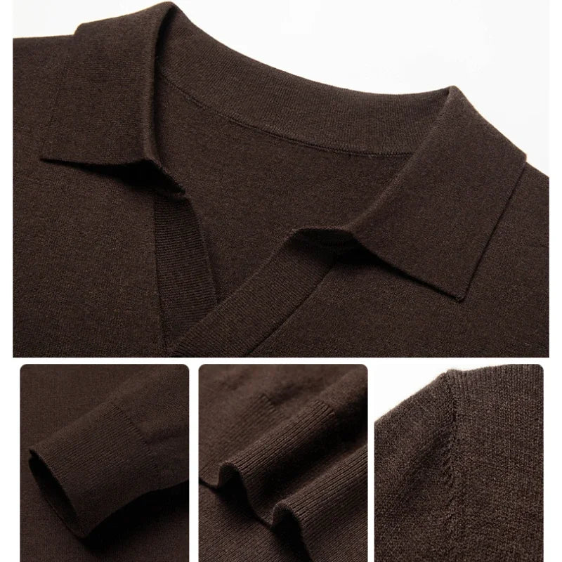 Men's Autumn & Winter Blouse Collar Knitted Pullover, Business Casual Slim-Fitting Wool Textile Sweater, Gentleman Polo Shirt