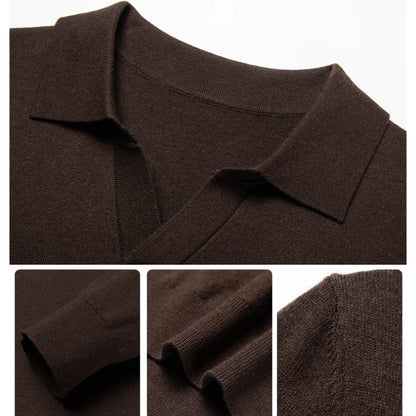 Men's Autumn & Winter Blouse Collar Knitted Pullover, Business Casual Slim-Fitting Wool Textile Sweater, Gentleman Polo Shirt