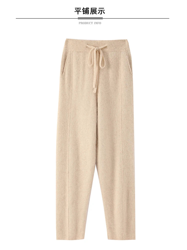 100% mink wool knitted high-waisted pencil pants women's casual autumn and winter new warm solid color thick cashmere pants