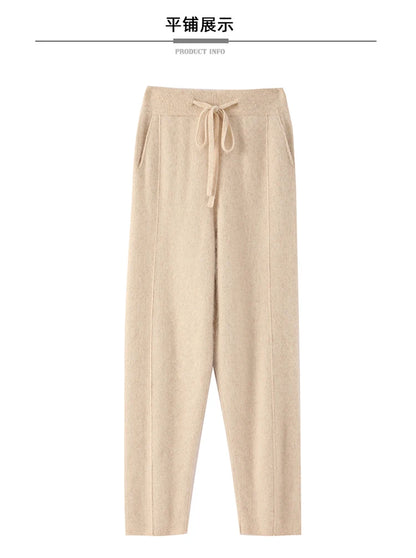 100% mink wool knitted high-waisted pencil pants women's casual autumn and winter new warm solid color thick cashmere pants