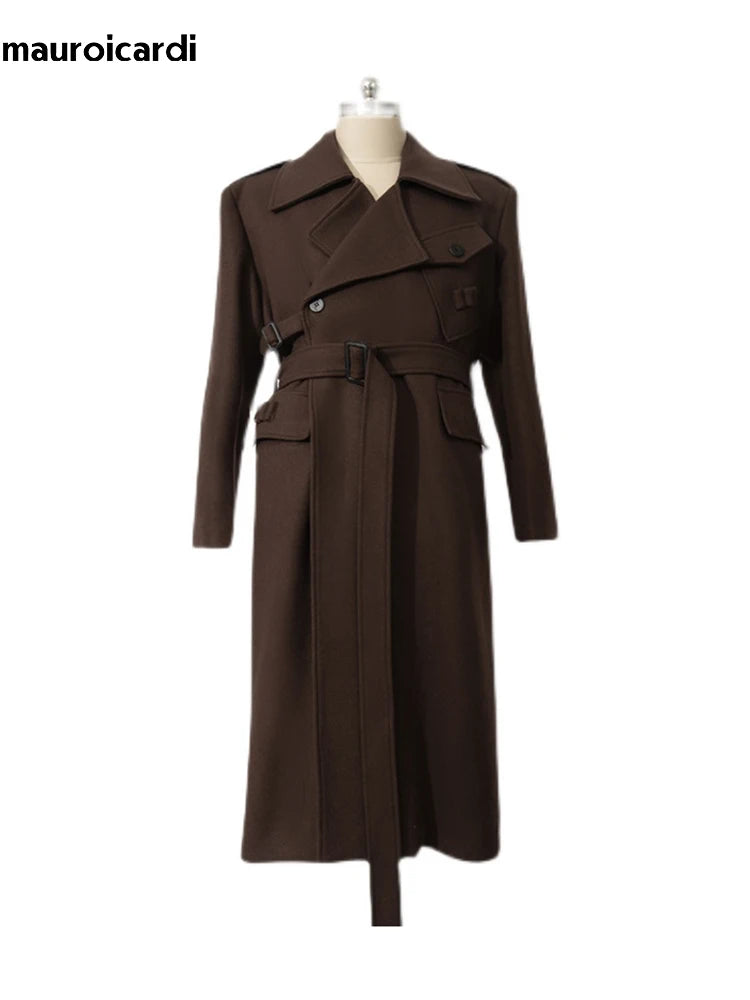 Mauroicardi Autumn Winter Cool Elegant Long Warm Black Woolen Trench Coat Men Belt Luxury Designer Clothes Wool Blends Overcoat