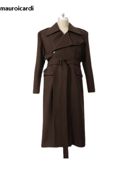 Mauroicardi Autumn Winter Cool Elegant Long Warm Black Woolen Trench Coat Men Belt Luxury Designer Clothes Wool Blends Overcoat