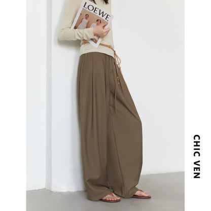CHIC VEN Women Pants Solid Loose Casual Wide Leg Pant Drawstring Pleated Female Suit Trousers Office Ladies Sping Autumn 2025