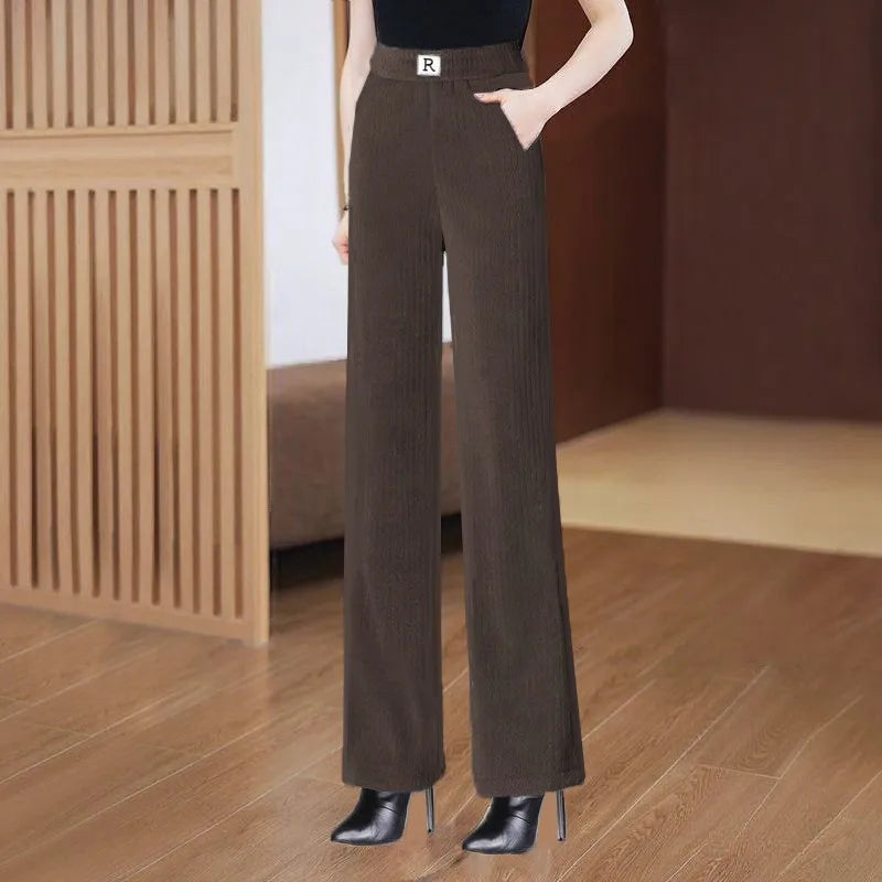 High Waist Fleece Lined Thick Wide Leg Casual Pants for Women Autumn Winter Straight Cut Versatile Comfortable Cotton Trousers