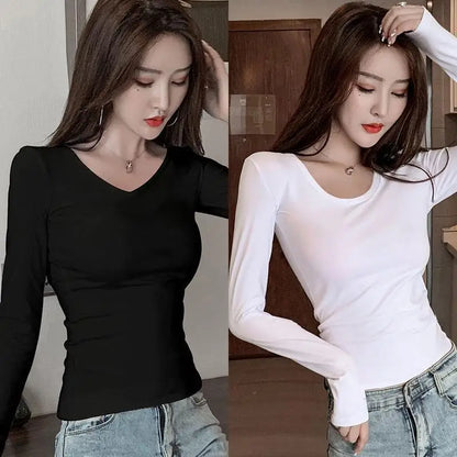 Women's Slim Fit Long Sleeve round Neck T-Shirt Base Layer Shirt Inner And Outer Wear Autumn Style Commute Korean Version