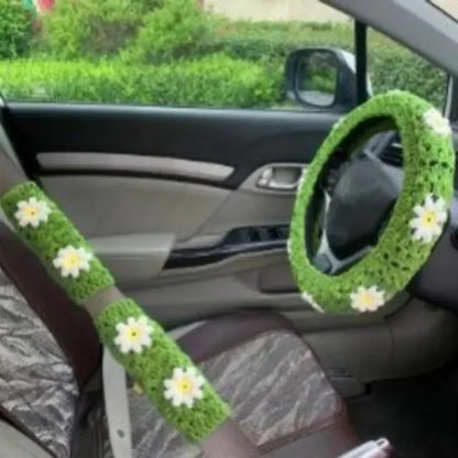 Warm Anti Slip Hand Crocheted Flower Steering Wheel Cover Simple Stylish Winter Decor Car Steering Wheel And Seat Belt Accessory