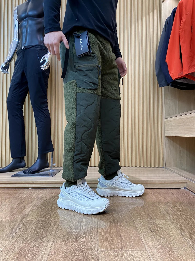 Thickened Outdoor Casual Workwear Cotton Pants for Men Winter Warm Anti-Cold Patchwork Design Straight Leg Long Trousers