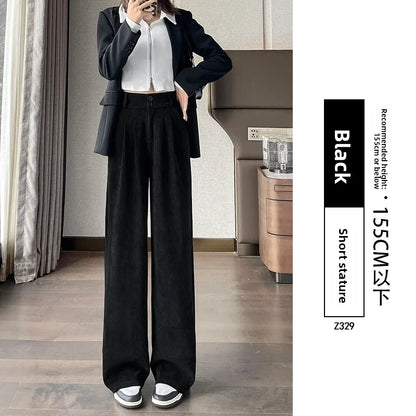 White Corduroy Wide Leg Pants Women's Autumn Winter Slim Straight Drapey Small Size Fleece Lined Suit Trousers