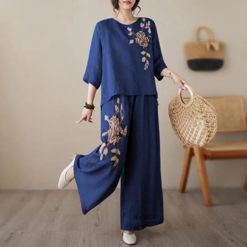 plus Size Women's Retro Cotton Linen Set Wide Leg Pants Slimming Mom Two Piece Suit Spring Fashion Korean Style Commute Wear