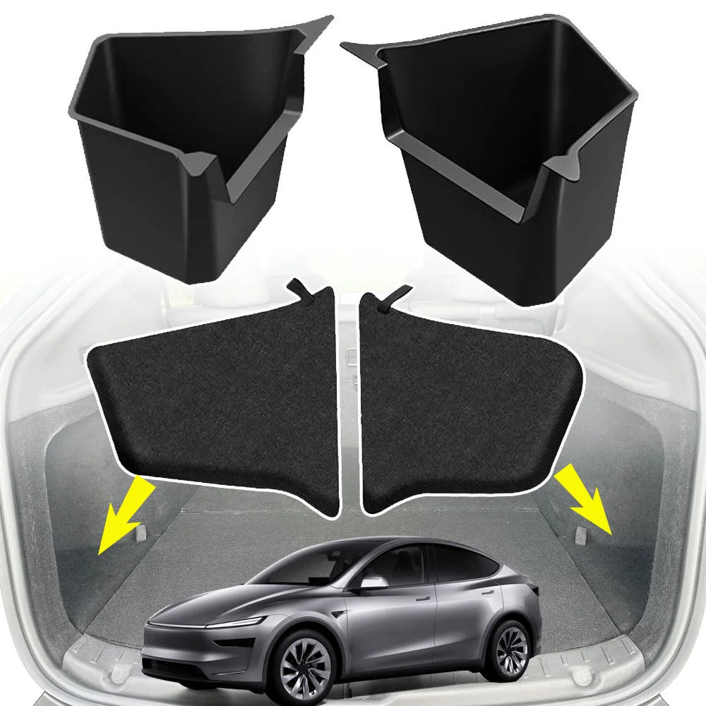 For 2025 2026 Tesla Model Y Juniper Rear Trunk Side Storage Box Trunk Bins Flocking or TPE Cover Trunk Organizer Mats Accessorie