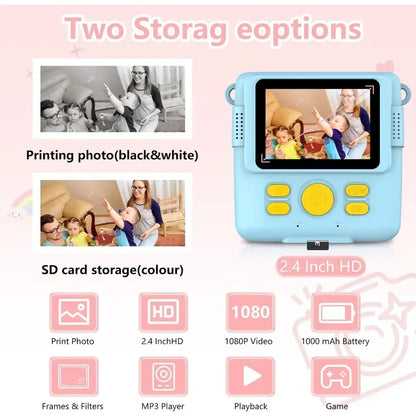 kids camera instant print 1080P Portable Kids Camera with  32GB Card3 and Rolls Photo Paper , Perfect Gift for Toddlers