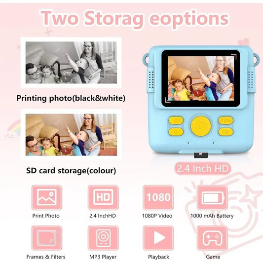 kids camera instant print 1080P Portable Kids Camera with  32GB Card3 and Rolls Photo Paper , Perfect Gift for Toddlers