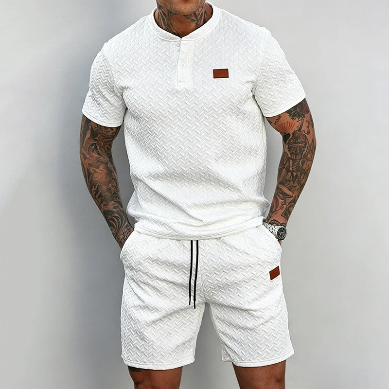 Men Knit Jacquard Henley 2 Piece Set Short Sleeve Drawstring Waist Breathable Lightweight Summer Daily Sport Travel Tracksuit