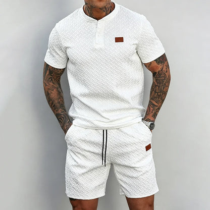 Men Knit Jacquard Henley 2 Piece Set Short Sleeve Drawstring Waist Breathable Lightweight Summer Daily Sport Travel Tracksuit
