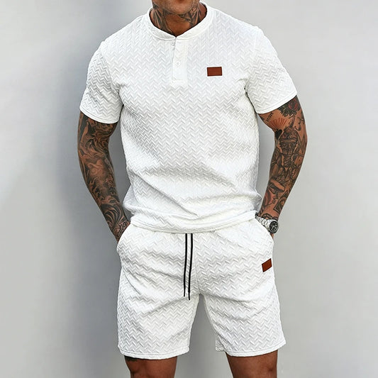 Men Knit Jacquard Henley 2 Piece Set Short Sleeve Drawstring Waist Breathable Lightweight Summer Daily Sport Travel Tracksuit