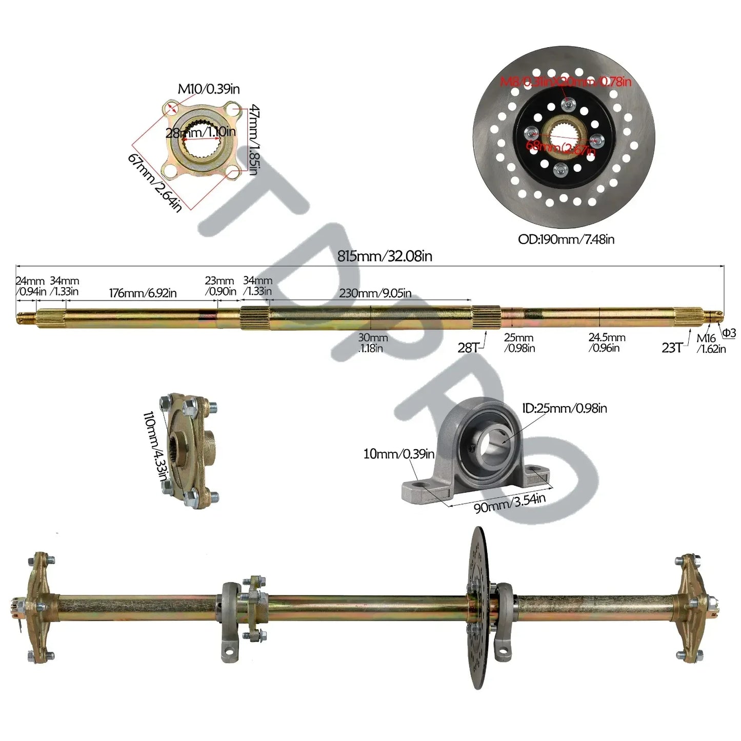 TDPRO 32'' Go Kart Rear Axle /41T Teeth 428 /420 37T 48mm Chain Rear Sprocket for Pit Dirt Bike ATV Go Kart Quad Accessories