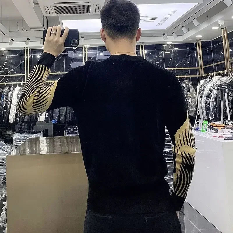 Men's Clothing Crewneck Hippie Graphic Black Pullovers Knit Sweater Male Round Collar Warm Korean Style Elegant Maletry Fun Old