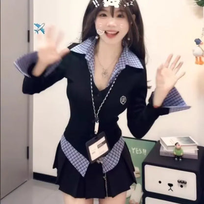 High Waist Plaid Patchwork Women's Set Spring 2025 Korean Style Fashionable Two-Piece Suit Long Sleeve  Collar Button up