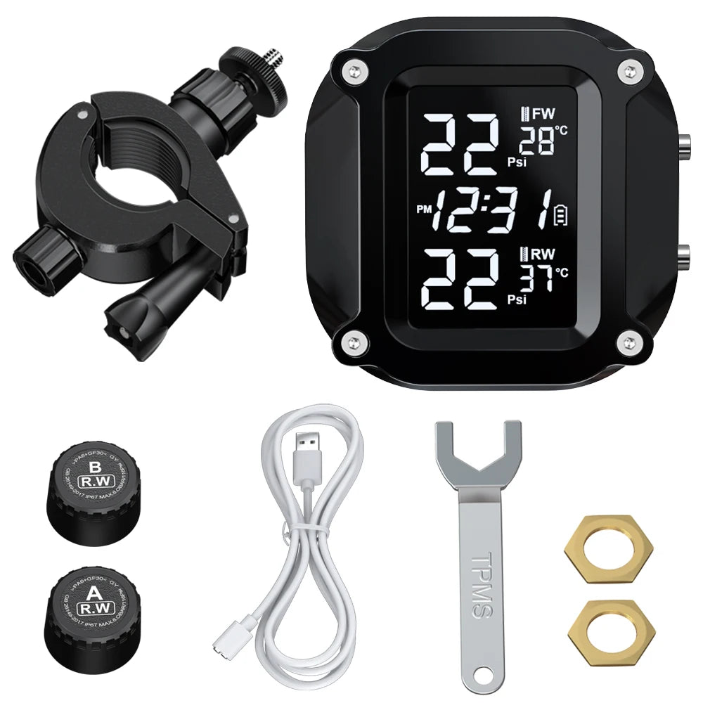 Powstation TPMS Wireless Motorcycle Tire Pressure Monitoring System Solar Charge Tyre Temperature Alarm System Colorful Display