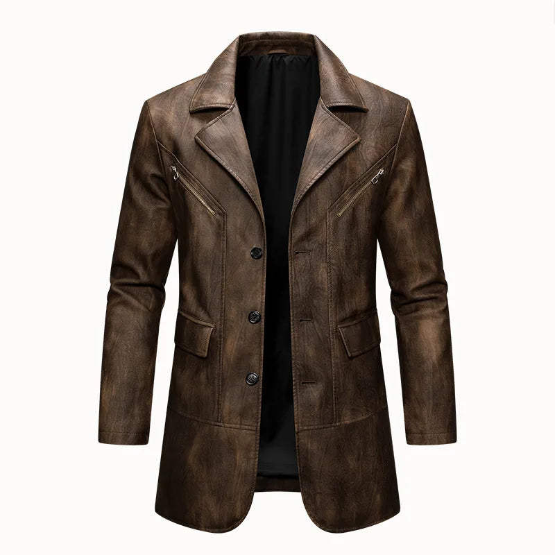 Man Leather Coat Autumn Winter American Retro Turn Down Collar Male Outerwear Mid Length Single-breasted  Long Sleeve Men Jacket