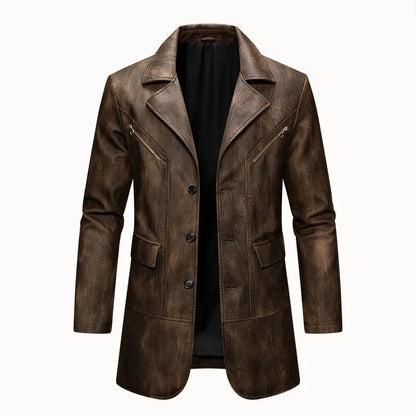 Man Leather Coat Autumn Winter American Retro Turn Down Collar Male Outerwear Mid Length Single-breasted  Long Sleeve Men Jacket