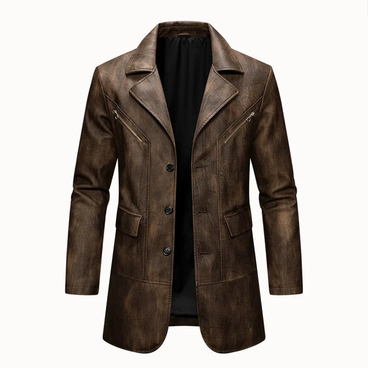 Man Leather Coat Autumn Winter American Retro Turn Down Collar Male Outerwear Mid Length Single-breasted  Long Sleeve Men Jacket
