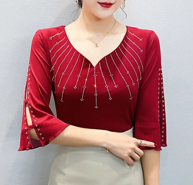 2026 Summer Women Tops New Korean Fashion Diamond Mesh T Shirt V-neck Short Sleeved Patchwork Lace Shirt