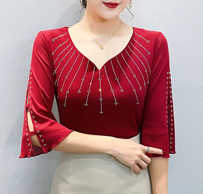2026 Summer Women Tops New Korean Fashion Diamond Mesh T Shirt V-neck Short Sleeved Patchwork Lace Shirt