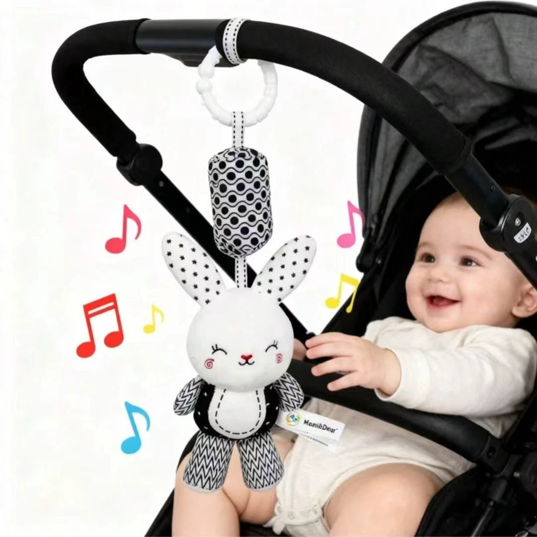 Portable Plush Baby Toy with Wind Chime and Rattle, Black White Design for Stroller Crib Hanging Decor, Safe Cute Newborn Gift