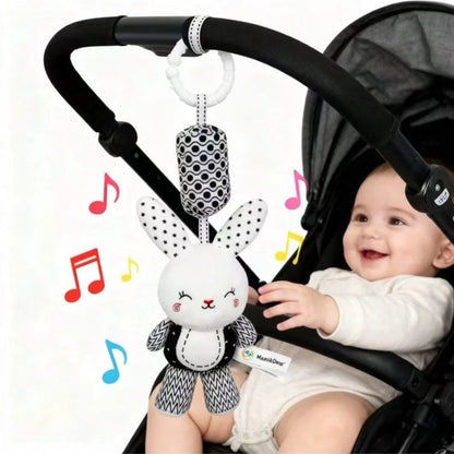 Portable Plush Baby Toy with Wind Chime and Rattle, Black White Design for Stroller Crib Hanging Decor, Safe Cute Newborn Gift